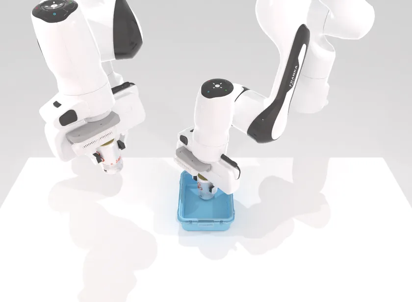 Place cans plasticbox: Each arm picks up a can; both go into the plastic box.